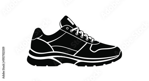 A black and white illustration of a running shoe detailed silhouette