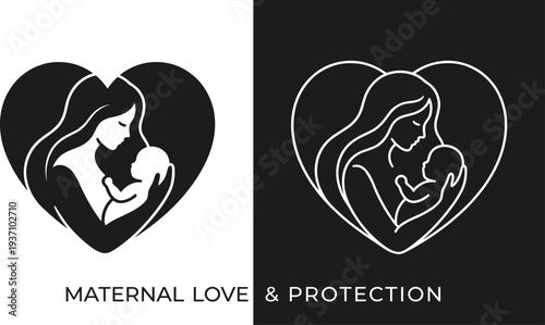 Maternal love and protection concept with mother holding baby inside heart shape, minimalist line art illustration symbolizing motherhood, care, family bond