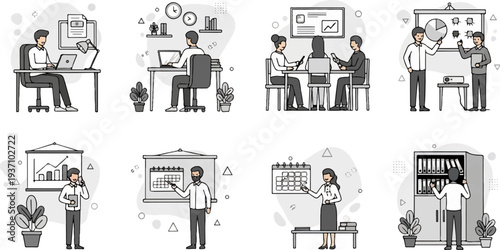 Diverse office scenarios showing teamwork, presentations, and individual work