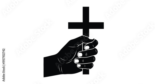 A hand firmly grasping a christian cross presented as a silhouette