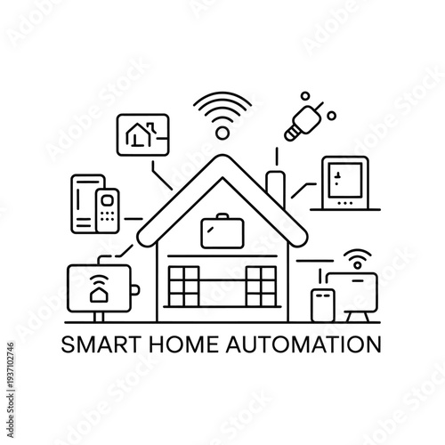 Line art illustration depicting a smart home and its connected devices