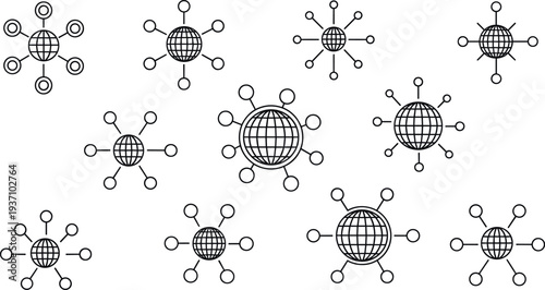 Global network connection icon set with globe and nodes, digital communication technology symbols collection, internet data sharing vector illustration
