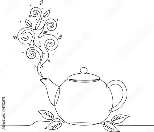 Classic teapot with steam continuous one line drawing minimalist outline illustration traditional herbal tea leaves in one line art style with editable stroke vector.