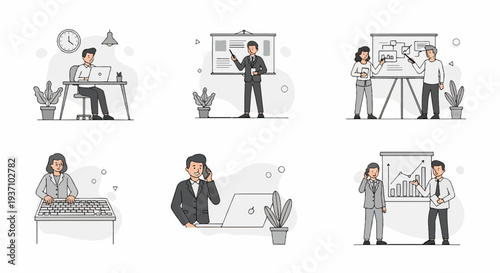 Diverse business professionals collaborating and working in modern office settings