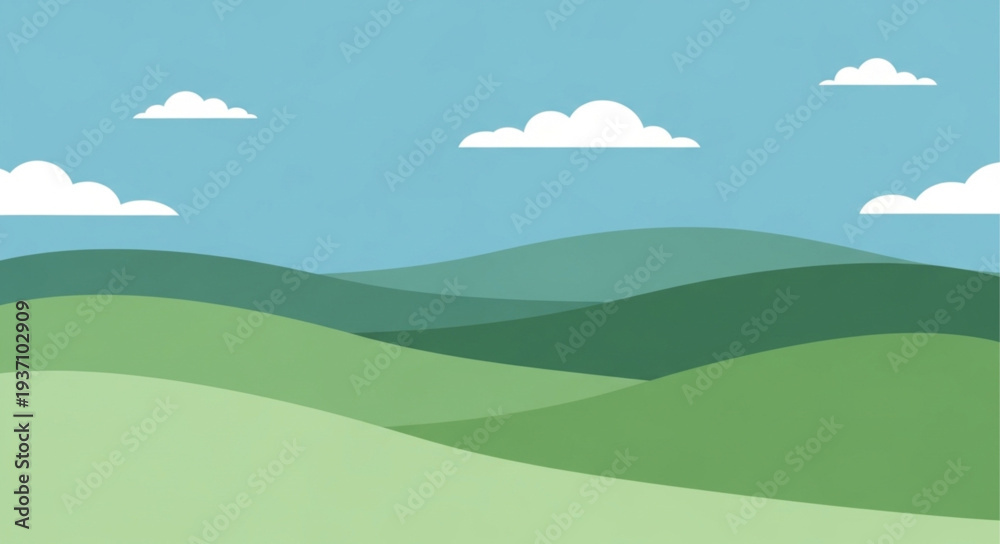 Fototapeta premium Serene Rolling Hills Landscape with Green Fields and Sky.