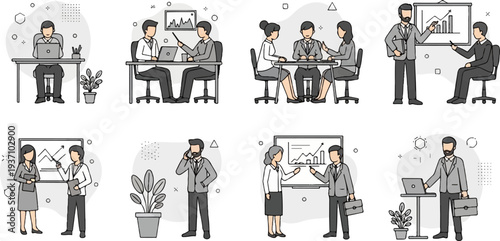 Diverse business people collaborate in meetings, analyze data, and present on whiteboards, some using laptops