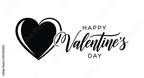A black heart shape and handwritten happy valentine s day text on a white background high quality