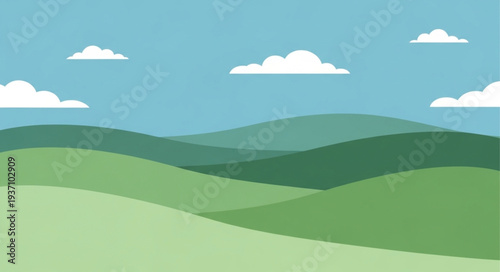 Serene Rolling Hills Landscape with Green Fields and Sky.