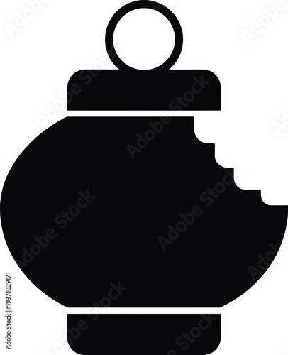 Black icon of a bitten Christmas ornament with a hanging loop Keywords: Christmas ornament, icon
