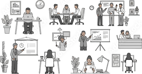 Diverse office scenarios with individuals engaged in work, meetings, and presentations