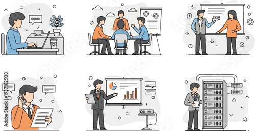 Diverse business scenes remote work, meetings, presentations, and IT infrastructure management