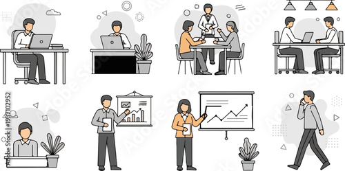 Diverse business scenarios featuring people working, meeting, and presenting data