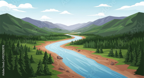 Serene Mountain River Landscape with Lush Green Forests.