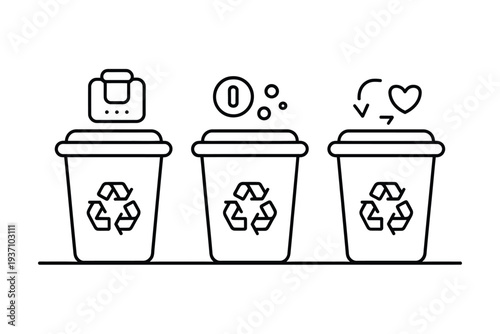 Three recycling bins with different icons representing waste management options