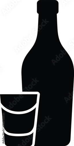 Black silhouette of a bottle and a shot glass on a white background alcohol drink