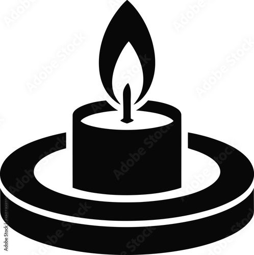 Black Silhouette of a Candle on a Circular Base with Flame fire light
