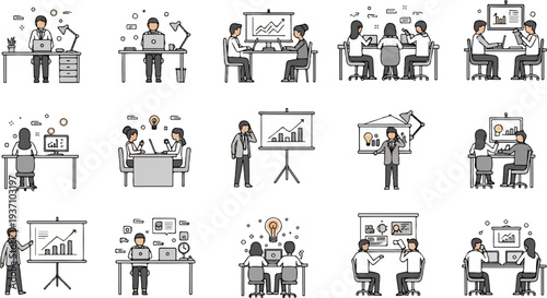 Diverse business scenes depicting teamwork, presentations, and office work