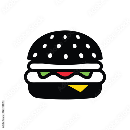 Simple burger icon shows bun, cheese, patty and lettuce in dark gray