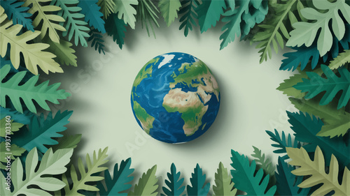 Earth globe surrounded by lush green leaves on white background symbolizing eco friendly environment and sustainability