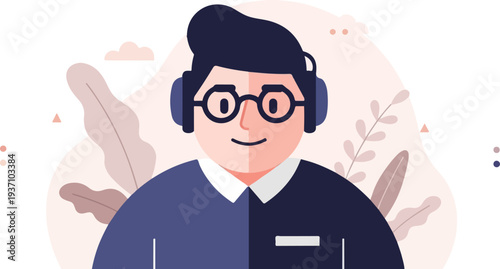 Stylized portrait of a person with headphones, glasses, and a shirt, set against abstract botanical shapes and soft dots