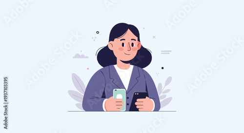 A woman in a blazer holds two smartphones, one light green, one black, against a pale blue background with abstract shapes