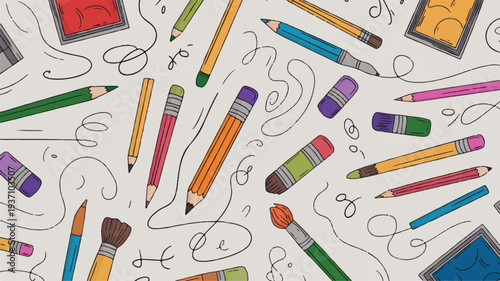 Colorful art supplies scattered on a white background including pencils crayons and paintbrushes for creative expression