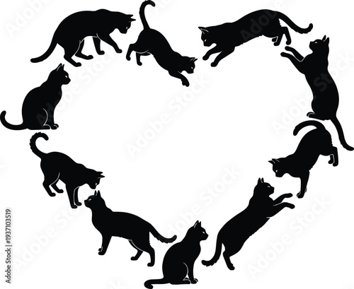 Silhouettes of Playing and Sitting Cats Arranged in a Heart Shape Frame for Pet Lovers Valentine Day Theme and Animal Rescue Center Graphics