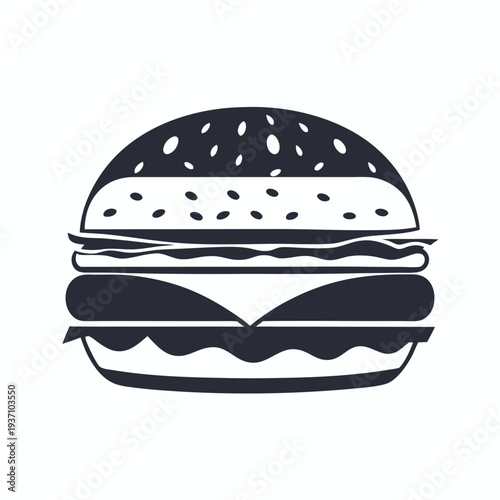 Monochrome burger icon showcases simple ingredients and a classic, delicious fast food option