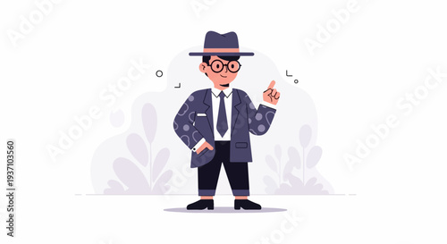 Cartoon character in a suit and hat, pointing finger upwards