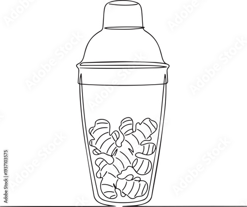 Cocktail shaker with ginger continuous one line drawing minimalist outline illustration healthy detox drink mixer in one line art style with editable stroke vector.