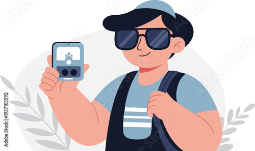 Smiling person in sunglasses holds up a phone displaying a paw print and two circles