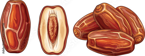 Detailed illustration of dried dates fruit featuring a whole date fruit a sliced cross section with seed and a pile of organic dates