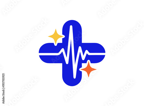 Vibrant medical cross symbol with dynamic heartbeat line and stars