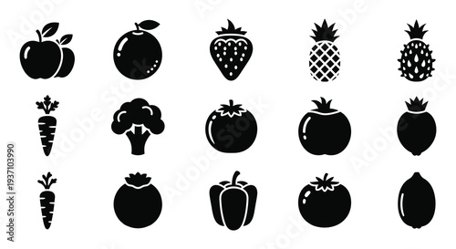 A collection of diverse black silhouette icons representing various fruits and vegetables high quality professional detailed