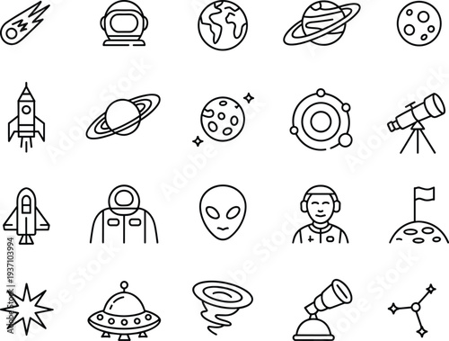 Space and astronomy line icons set, astronaut, rocket, planet, telescope, alien, galaxy exploration, universe symbols
