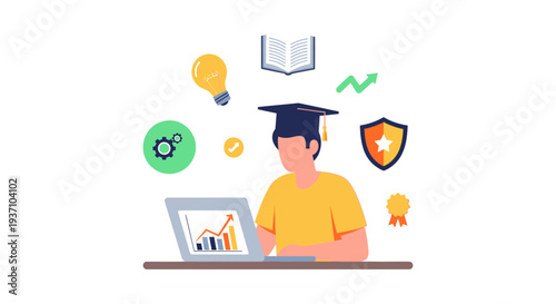 Student with Graduation Cap Using Laptop for Online Education, E-Learning, Skill Development, Certification, and Career Success | Flat Vector Illustration