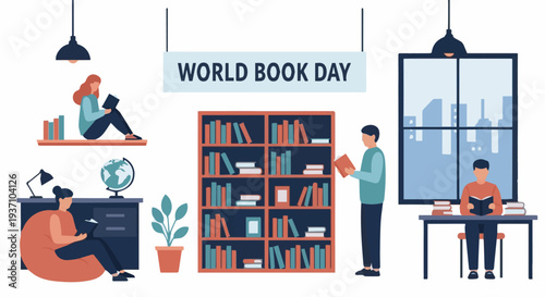 World Book Day library scene with people reading, suitable for literacy events, education campaigns, library promotions and reading community content