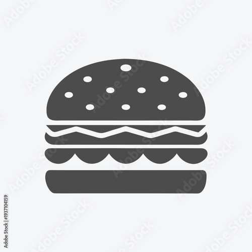 Black burger icon showcases a simple fast food meal on white background