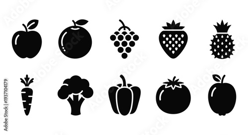 Black silhouette icons depicting various fruits and vegetables arranged in a simple grid high quality professional