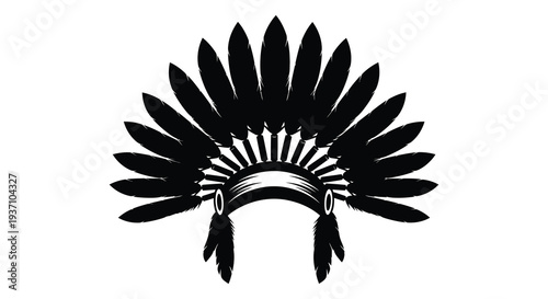 A striking black silhouette of a traditional native american headdress with numerous feathers high quality professional