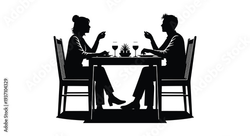 A silhouetted couple enjoys a romantic dinner at a table set with wine glasses and food