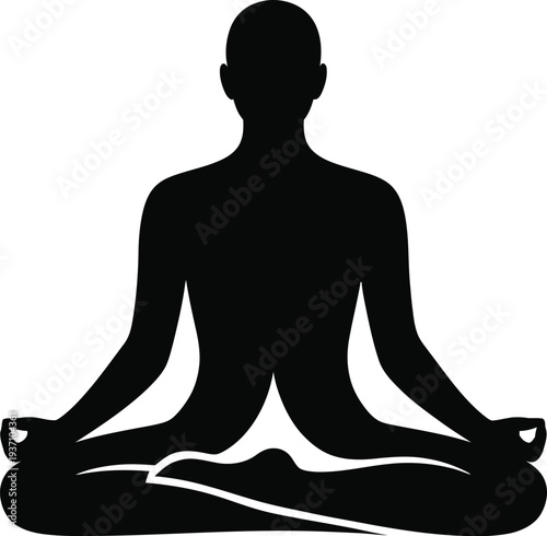 Black silhouette of a person meditating in a lotus pose with abstract flowing lines meditation yoga