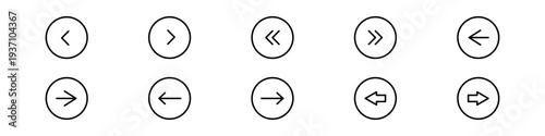 Set of ten outlined circular arrow icons for user interface navigation