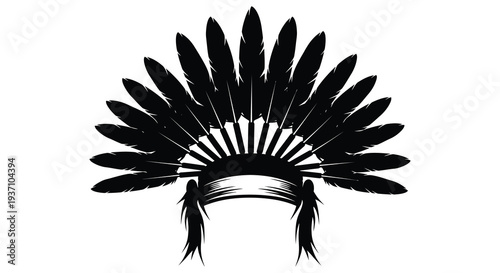 A striking black and white illustration of a traditional native american feathered warbonnet high quality professional