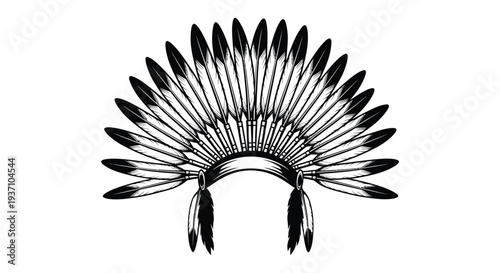 A detailed black and white illustration of a traditional native american feathered warbonnet headdress high quality professional modern