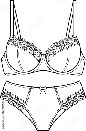 Elegant lace women lingerie set hand drawn vector illustration, bra and panties underwear fashion sketch, female intimate apparel line art isolated
