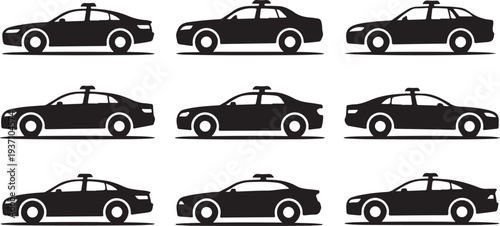 Twelve black silhouette police cars with light bars on roofs in a grid arrangement