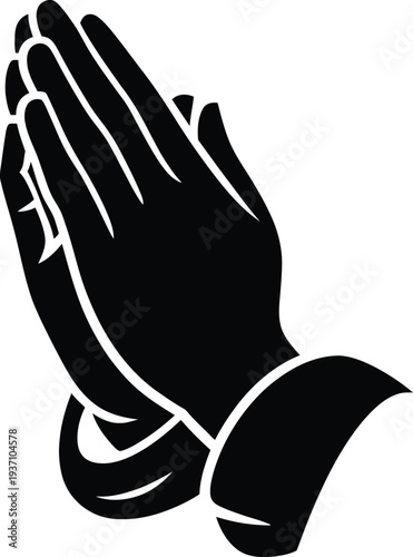 Black silhouette of praying hands clasped together on a white background prayer