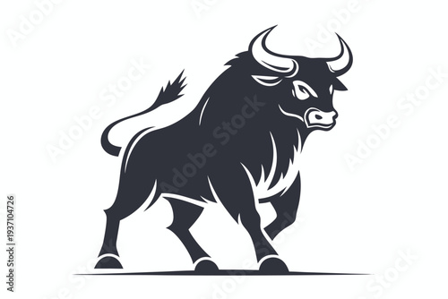 A muscular black bull stands firm, boasting large horns and a fierce expression