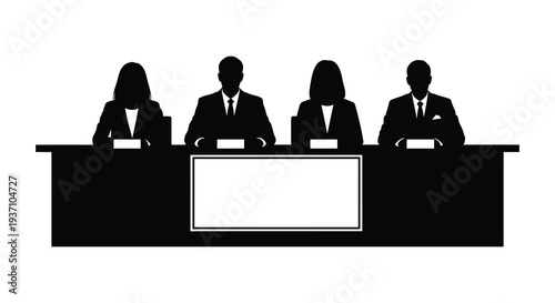 A black silhouette illustration depicts four judges seated behind a long rectangular table high quality professional